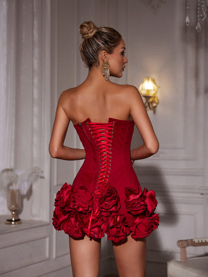 Hiroshi Strapless Flower Mini Dress In Red